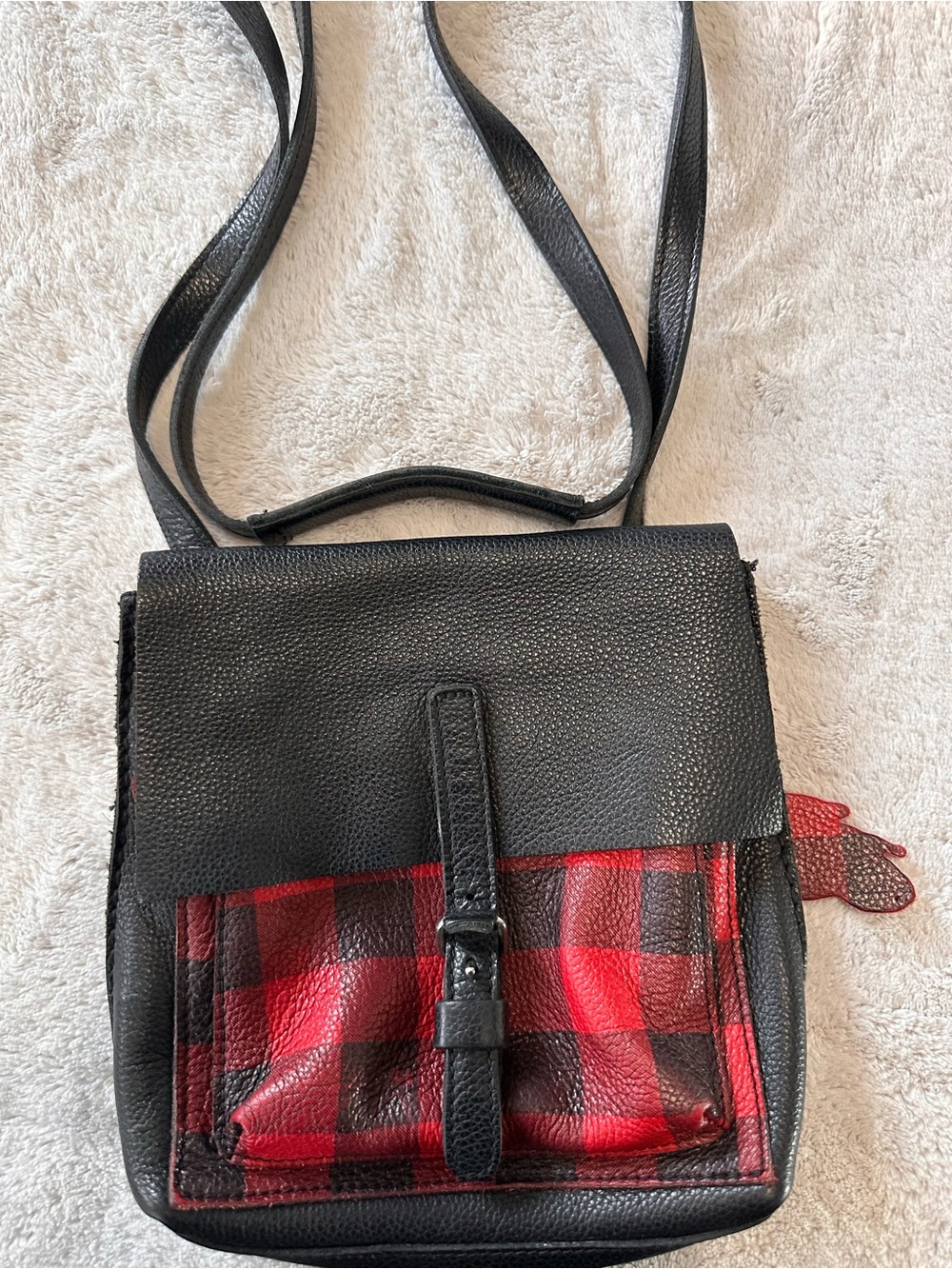 Roots Black Leather Crossbody with Red Plaid Pocket